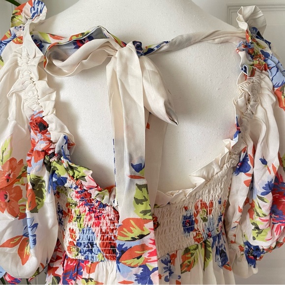 By Anthropologie Dress NWT Puff Sleeve Smocked MIDI Dress in White Floral Medium - Picture 13 of 16